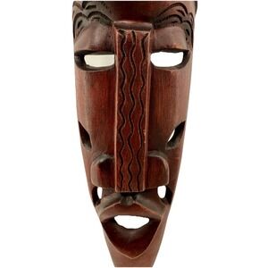 Hand Carved Wood‎ Tiki Wall Mask 21" Tall Mahogany Tone Hawaiian Folk Art Decor